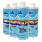Pool Mate envase frontal mostrando Metal Free y beneficios de prevención