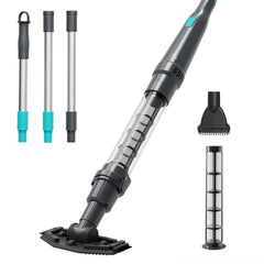 PoolMr front view showing compact cordless vacuum and benefit of easy handling