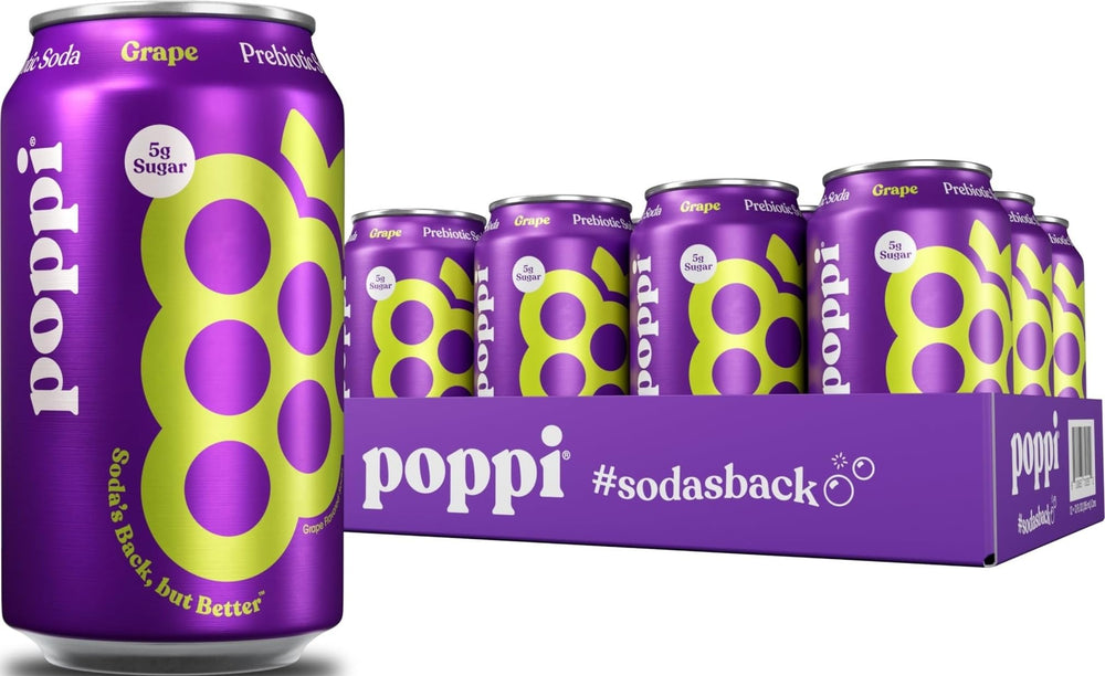 Poppi lata frontal mostrando sabor Uva y diseño atractivo para refrescarte