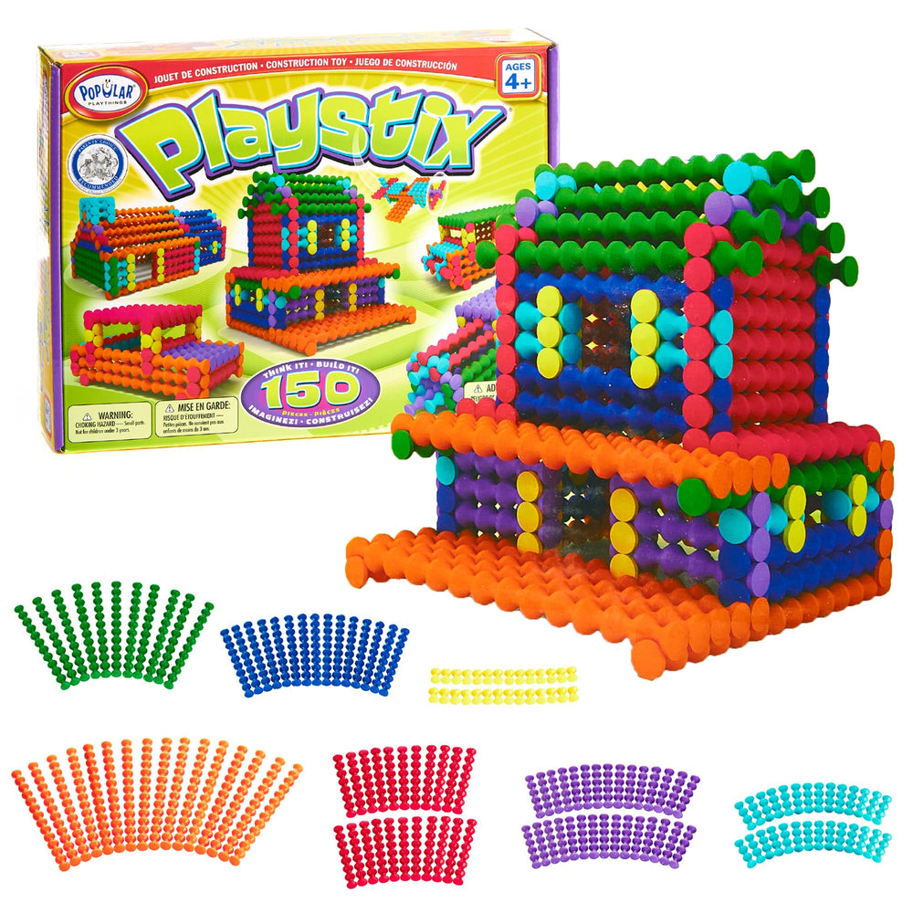 POPULAR PLAYTHINGS front packaging showing colorful 150-piece Playstix set and benefits