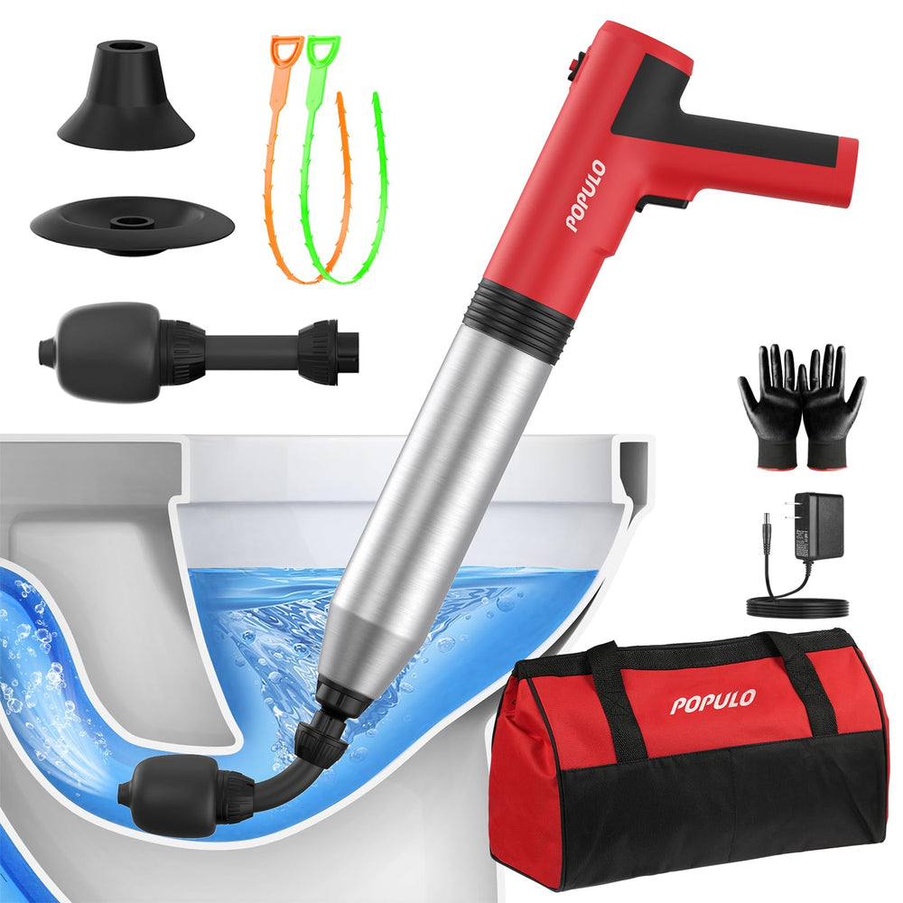 populo front view electric plunger showing controls and compact shape, fast unclogging