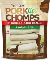 Pork Chomps front packaging showing 18 count bag and clear branding benefits freshness