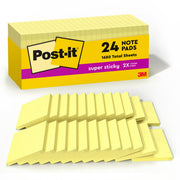 Post-it canary yellow front packaging showing 24 pads and branding benefit: reliable supply