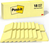 Post-it frente del paquete mostrando 18 pads y color amarillo canario para organización