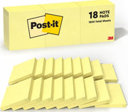 Post-it frente del paquete mostrando 18 pads y color amarillo canario para organización