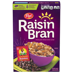 Post Raisin Bran frente del empaque mostrando caja y beneficio práctico