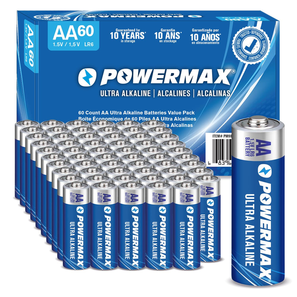Powermax paquete frontal 60 pilas AA mostrando ventaja de cantidad
