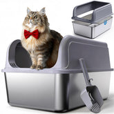 Powools front view of grey stainless steel litter box shows durable design and neat appearance