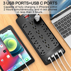 POWSAV close-up of widely spaced outlets preventing bulky plug conflict