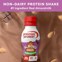 Detalle de la textura cremosa del batido Premier Protein Almondmilk, aspecto apetecible y natural