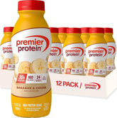 Premier Protein bottle front packaging showing Bananas & Cream flavor and convenience