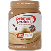 Premier Protein café latte front canister showing brand and flavor for clear identification