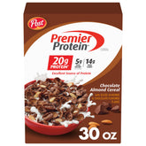 Premier Protein caja frontal mostrando sabor chocolate y almendra, ideal para desayuno proteico