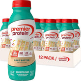 Premier Protein front packaging showing Cake Batter flavor and 30g protein benefit