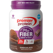 Premier Protein front label showing chocolate flavor and nutrition highlights