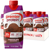 Premier Protein frontal del pack de 12 mostrando diseño y sabor chocolate, práctico y nutritivo