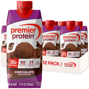 Premier Protein frontal del pack de 12 mostrando diseño y sabor chocolate, práctico y nutritivo
