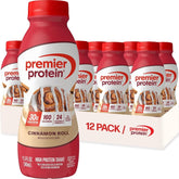 Premier Protein bottle front packaging showing cinnamon roll flavor and 30g protein benefit
