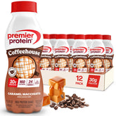 Premier Protein bottle front packaging showing caramel macchiato and convenience benefit