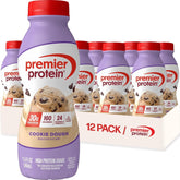 Premier Protein front packaging showing Cookie Dough bottle and nutrition benefits