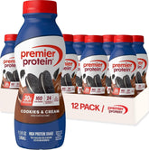 Premier Protein front packaging showing Cookies & Cream bottle and branding, highlights convenience