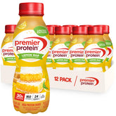 Premier Protein Lemon Bar front bottle displaying nutritional highlights and convenience