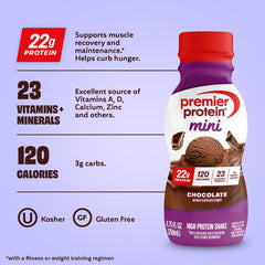 Premier Protein MINI next to a smartphone showing compact portable size benefit