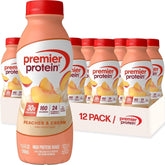 Premier Protein front packaging showing 12-pack and nutrition benefits