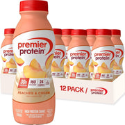 Premier Protein front packaging showing 12-pack and nutrition benefits