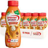 Premier Protein front packaging showing limited edition pumpkin spice benefit convenience