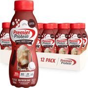 Premier Protein root beer float front packaging showing 12-pack convenience and protein benefit