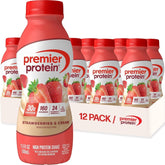Premier Protein front packaging of strawberries & cream 12-pack showing bottles and branding for convenient protein