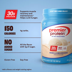 Premier Protein polvo textura fina lista para mezclar y obtener batidos cremosos