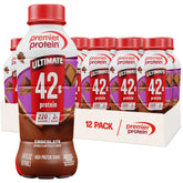 Premier Protein primer plano frontal del envase chocolate, sabor cremoso y nutrición