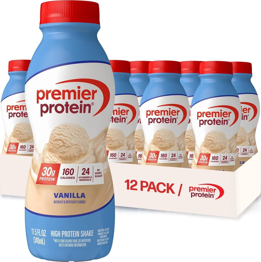 Premier Protein frente del pack de 12 botellas con efecto listo para beber