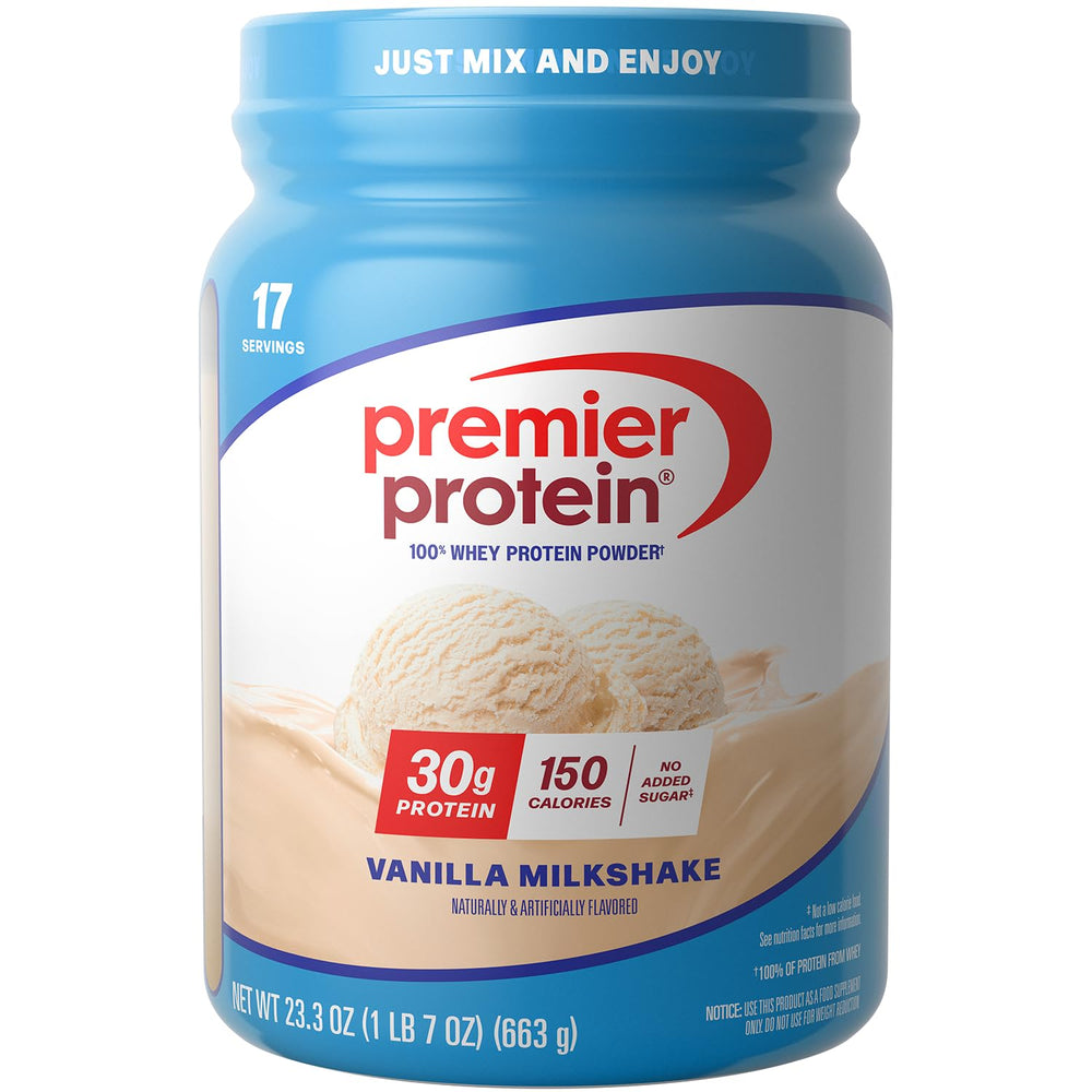 Premier Protein bote frontal mostrando sabor vainilla y comodidad de uso