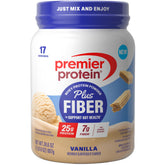 Premier Protein front tub showing vanilla flavor and serving count benefits