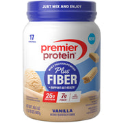 Premier Protein front tub showing vanilla flavor and serving count benefits