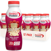 Premier Protein white chocolate raspberry front packaging showing bottle benefits