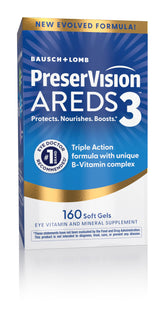 PreserVision bottle front view showing supplement branding and 160 softgels benefit clarity