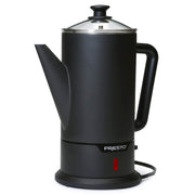 Presto front view of matte-black stainless percolator showing sleek design and quick brewing benefit