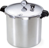 Presto front view of 23-quart pressure canner showing capacity and handles for safe handling