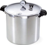 Presto front view of 23-quart pressure canner showing capacity and handles for safe handling