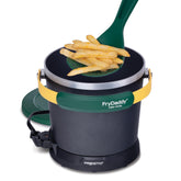 Presto FryDaddy vista frontal con acabado verde y dorado, diseño compacto y atractivo