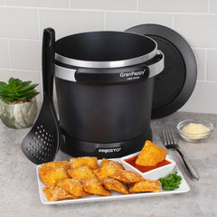Presto GranPappy in use with slotted scoop lifting golden fries demonstrating quick, even frying
