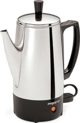 Presto percolator front view showing stainless steel finish and signal light for quick brewing