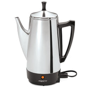 Presto stainless steel percolator front view showing elegant finish and rapid brew benefit