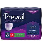 Prevail empaque frontal lavanda mostrando paquete de 80 unidades y apariencia discreta