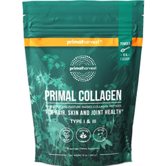 Primal Harvest front packaging showing product and servings benefit