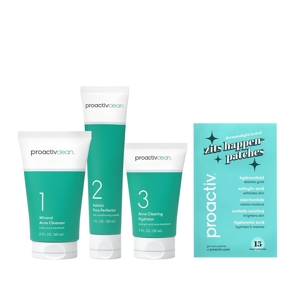 Proactiv frente del empaque mostrando todos los productos y organización completa